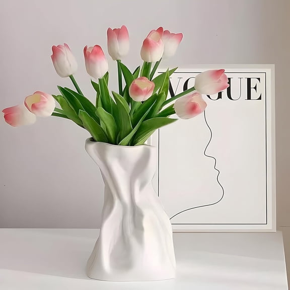 Paper Bag Vase for Flower, Unique Crinkle Design White Ceramic Vase, Flower Vase for Aesthetic Home Decor, Wedding Dinner Table Party Christmas Decorative