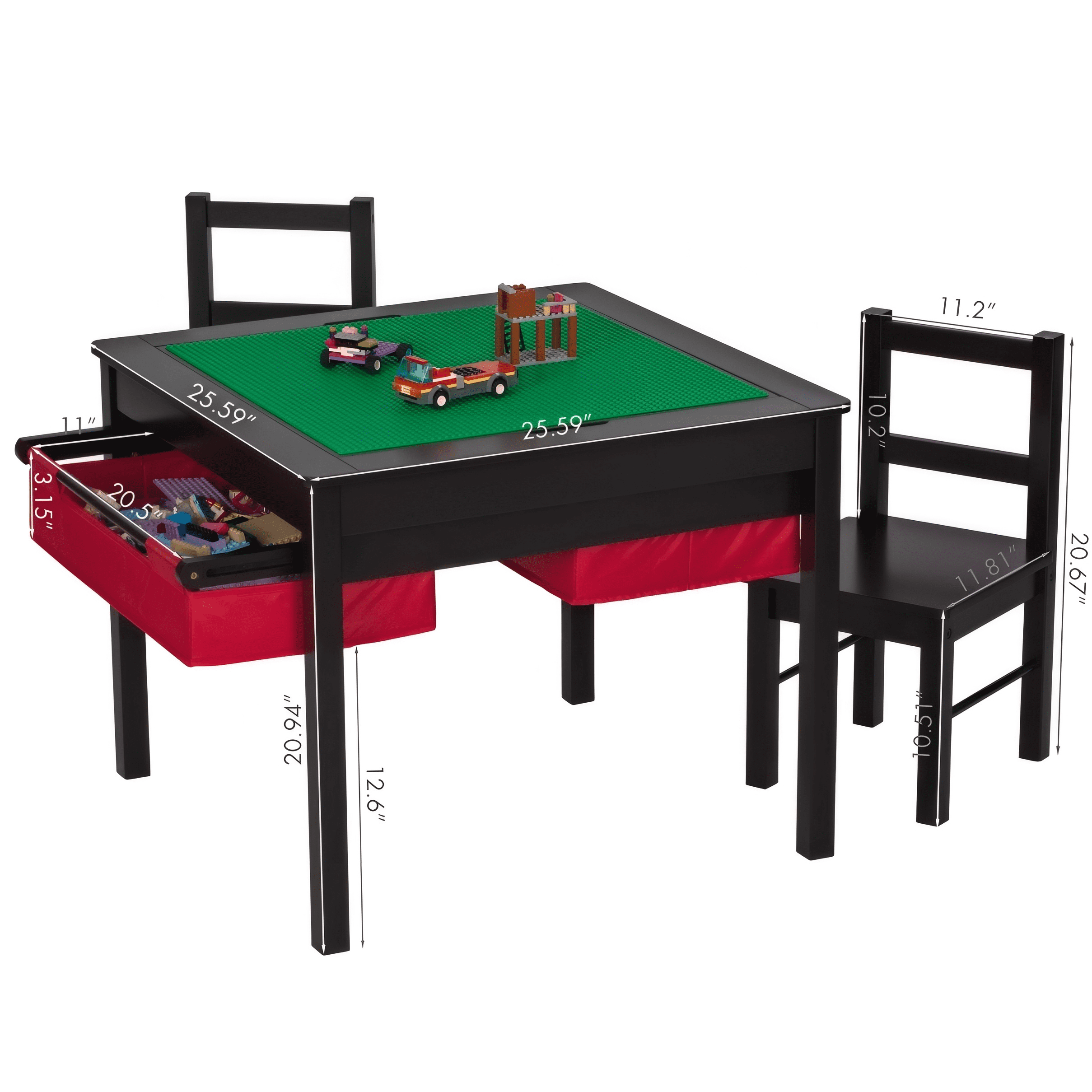 STAROUS Wooden 2 In 1 Kids Construction Play Table and 2 Chairs set with Storage Drawers and Built In Broad, Espresso with Red Drawers
