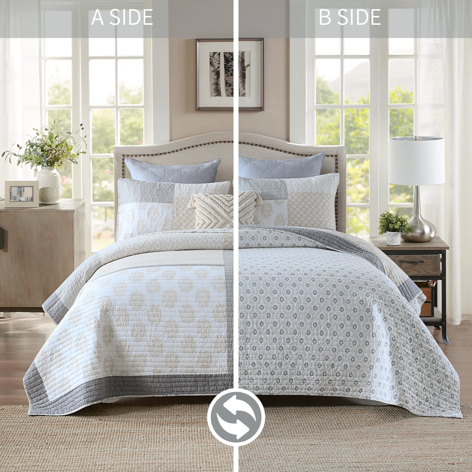 Bedduvit Beige Gray King Size Quilt - 100% Organic Cotton Floral Real-Patchwork Plaid Reversible Quilted Bedspread for King Size Bed, Modern Farmhouse Lightweight All-Season 3-Piece Comforter Set