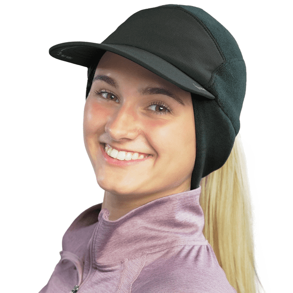 TrailHeads Ponytail Hat - Fleece Beanie for Women - Warm Winter Hat with Visor - Running, Hiking - Black