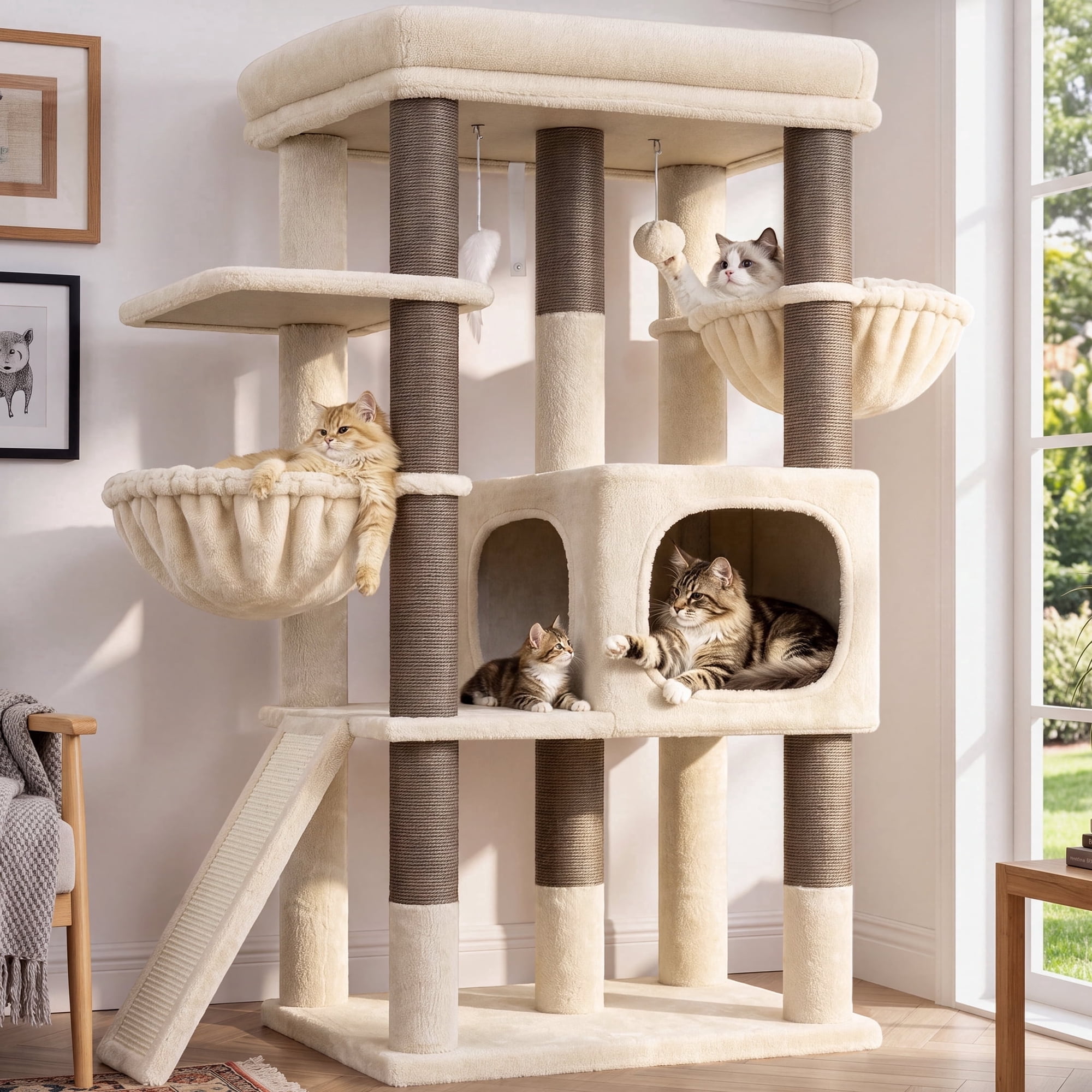 Globlazer 52" Multi-Level Cat Tree Tower with Extra Large Platform and Scratching Posts, Beige