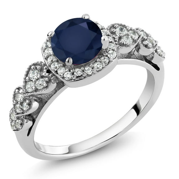 Gem Stone King 1.32 Cttw Blue Sapphire Engagement Ring for Women | 925 Sterling Silver | 6MM Round Gemstone Birthstone | Available 5,6,7,8,9