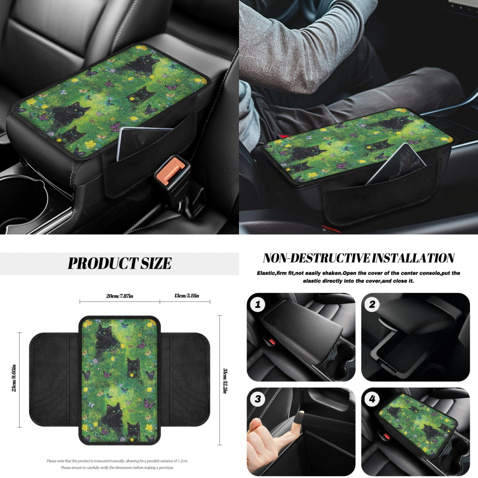 Yuyamidu Black Cat Front Rear Seat Covers for Cars Steering Wheel Cover Butterfly Seatbelt Shoulder Pad Auto Center Console Pad Cover Gear Shift Cover Hand Brake Cover Cup Holders, Set of 14, Green
