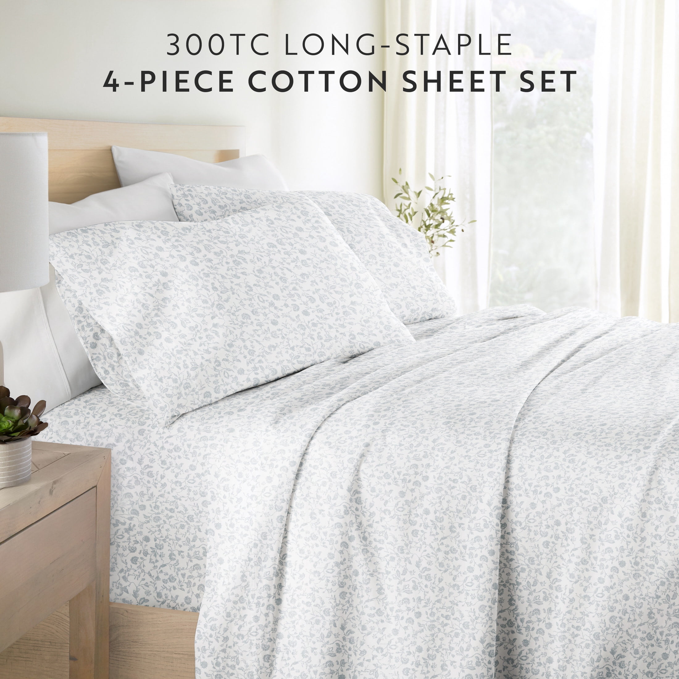 Noble Linens 4 Piece 300TC Cotton Printed Sheets, Rustic Jacobean Light Blue, Queen