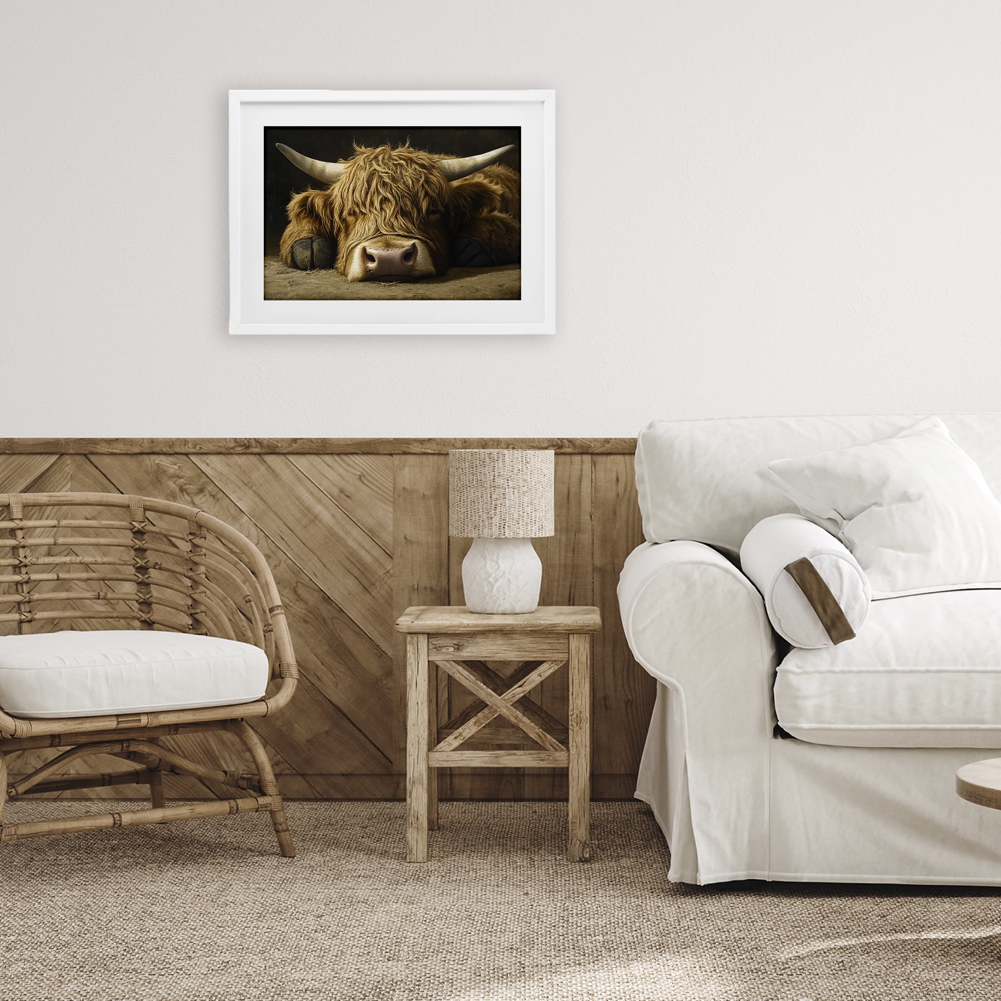 Stupell Industries Sleeping Highland Cow & Hoof White Framed Print Under Glass, design by The Wands Want