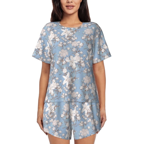 Fotbe Lily Flower Conjunto de Pijama Estampado para Mujer, 2 Piezas, Ropa de Dormir con Camiseta de Manga Corta y Shorts Suaves-Medium