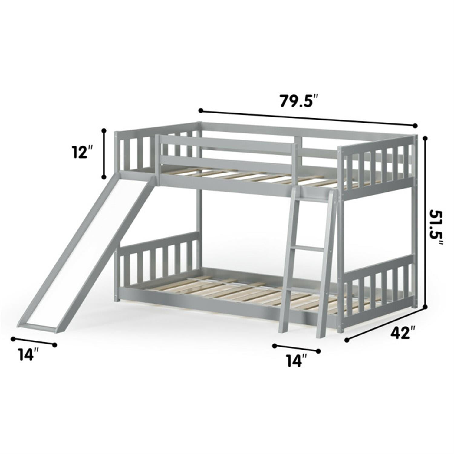 Demi Bonn Twin Over Twin Bunk Bed with High Guardrails and Slide Ladder, Twin Bunk Solid Wood Low Beds, Bed Frame, Gray