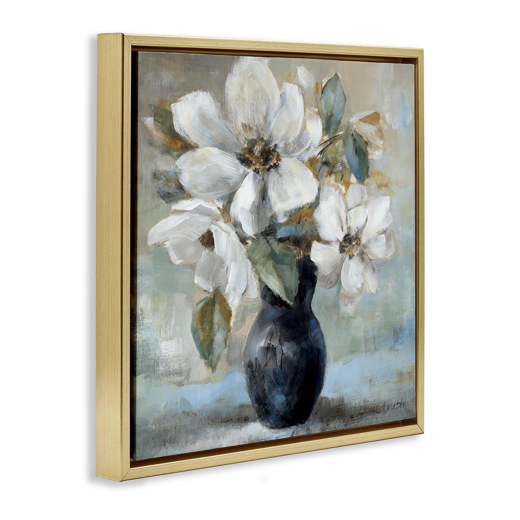Stupell Industries Flowers in Black Vase Plants & Flowers Painting Gold Floater Framed Canvas Art Print Wall Art, 18 x 18