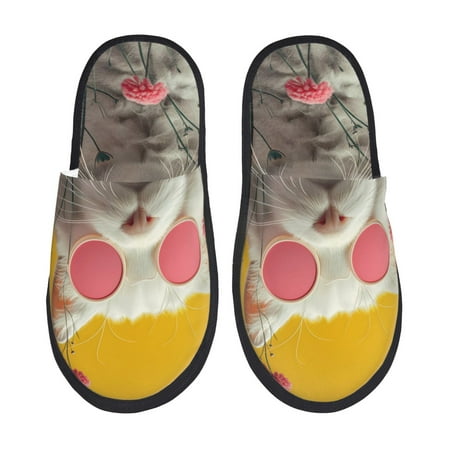 Balery Floral Sunglasses Cat Art Slient Indoor Furry Fleece Comfort House Shoes Soft Non-Slip Home Shoes Cotton slippers House Slippers-- Medium