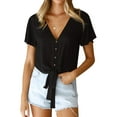 thumbnail image 3 of Women Buttons Down V Neck Short Sleeve Knotted Solid Color Shirt, 3 of 5