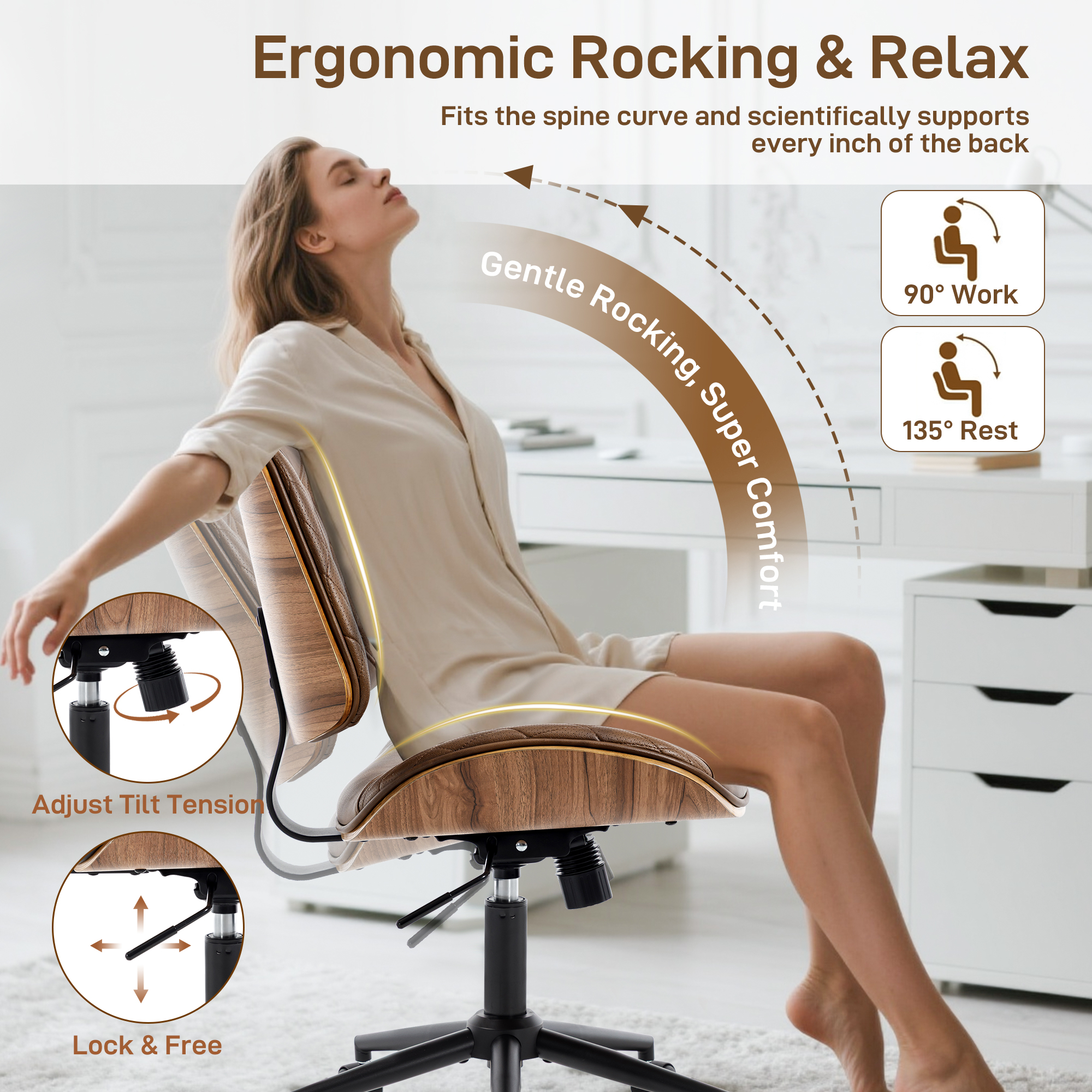 Home Office Desk Chair with Wheels, Armless Breathable PU Leather Office Chair, Swivel Ergonomic Computer Chair for Compact Space, Height-Adjustable Modern Walnut Chair with Rocking Function