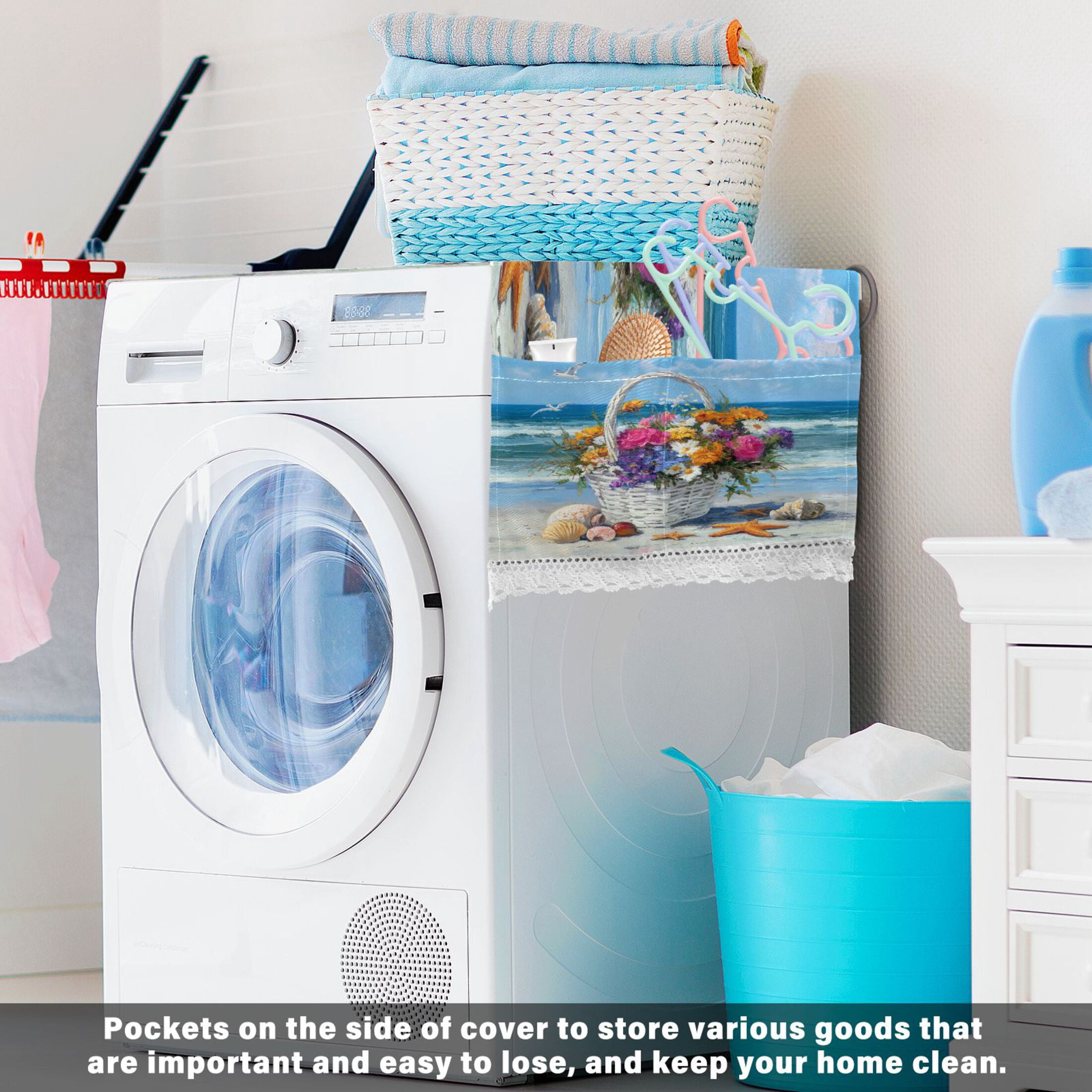 Wobogo Seaside Flower Basket Washing Machine Cover Dustproof Washer Dryer Cover Waterproof Laundry Room Decorative Protector