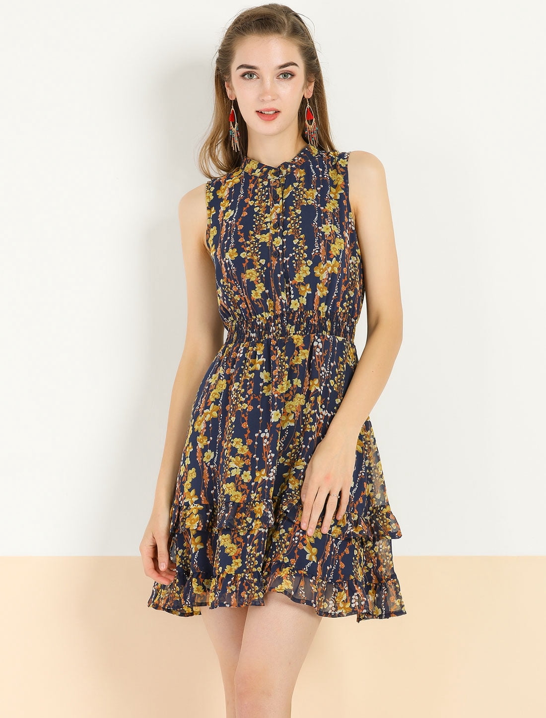 DARING DIVA Women's Floral Chiffon Smocked Mini Sleeveless A-Line Dress 3XL Navy Blue