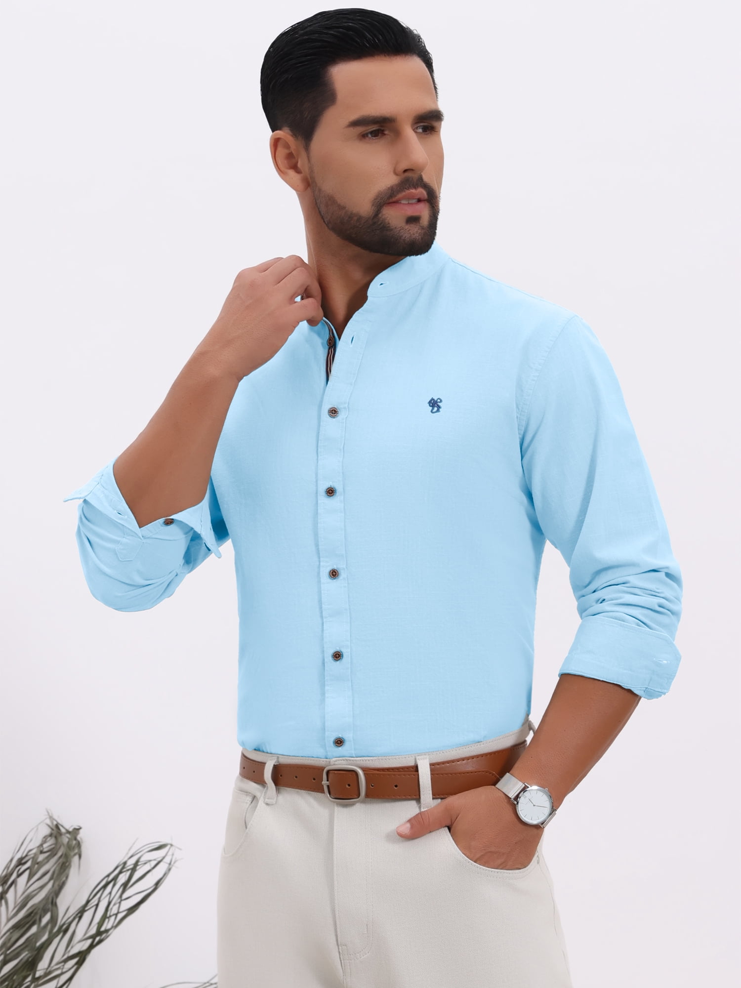 DARING DIVA Men's Stand Collar Long Sleeves Button Down Linen Shirts 2XL Light Blue