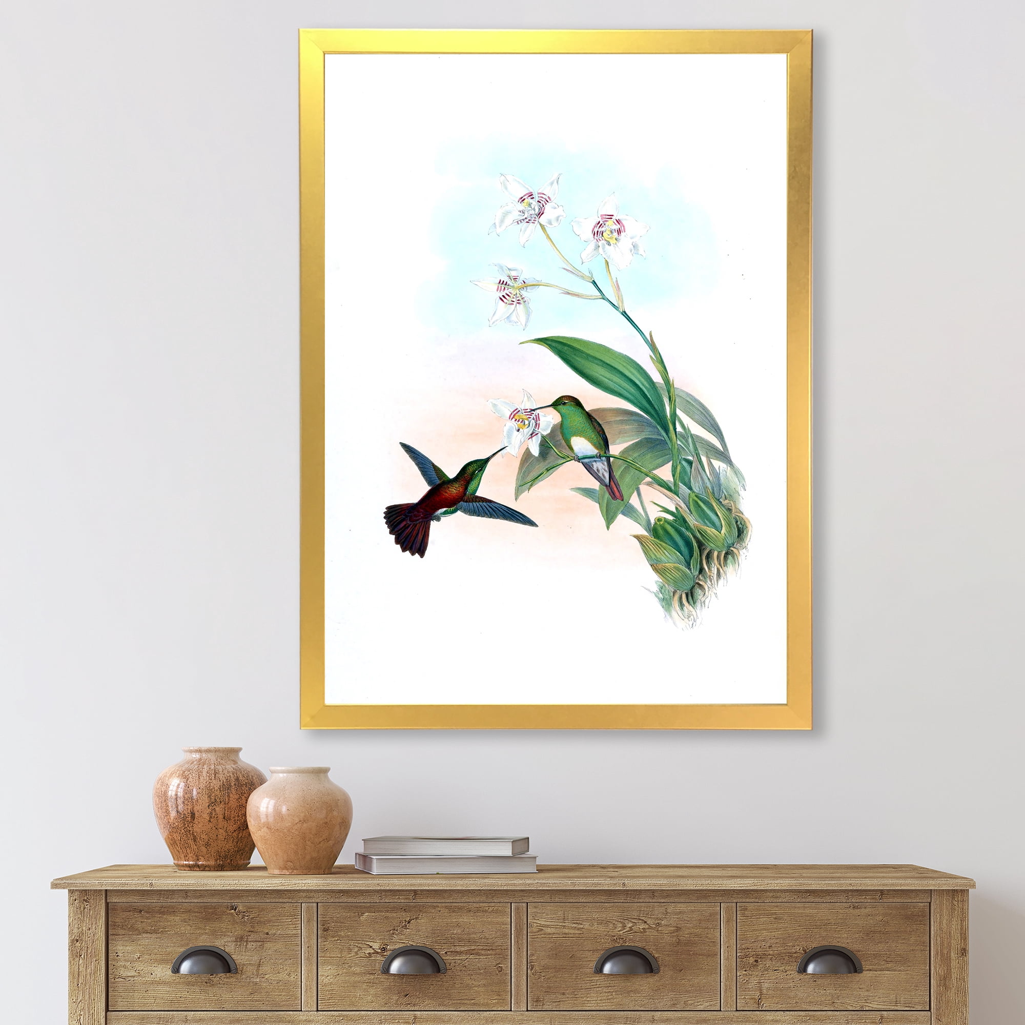 Designart 'Historic Hummingbird Flying To A Flower' Traditional Framed Art Print