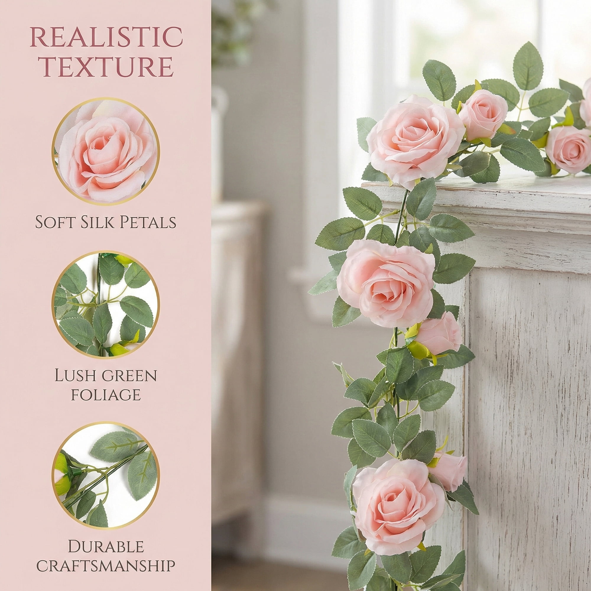 Unique Bargains Artificial Eucalyptus Garland Faux Flower Vine Rose Pink 71inch