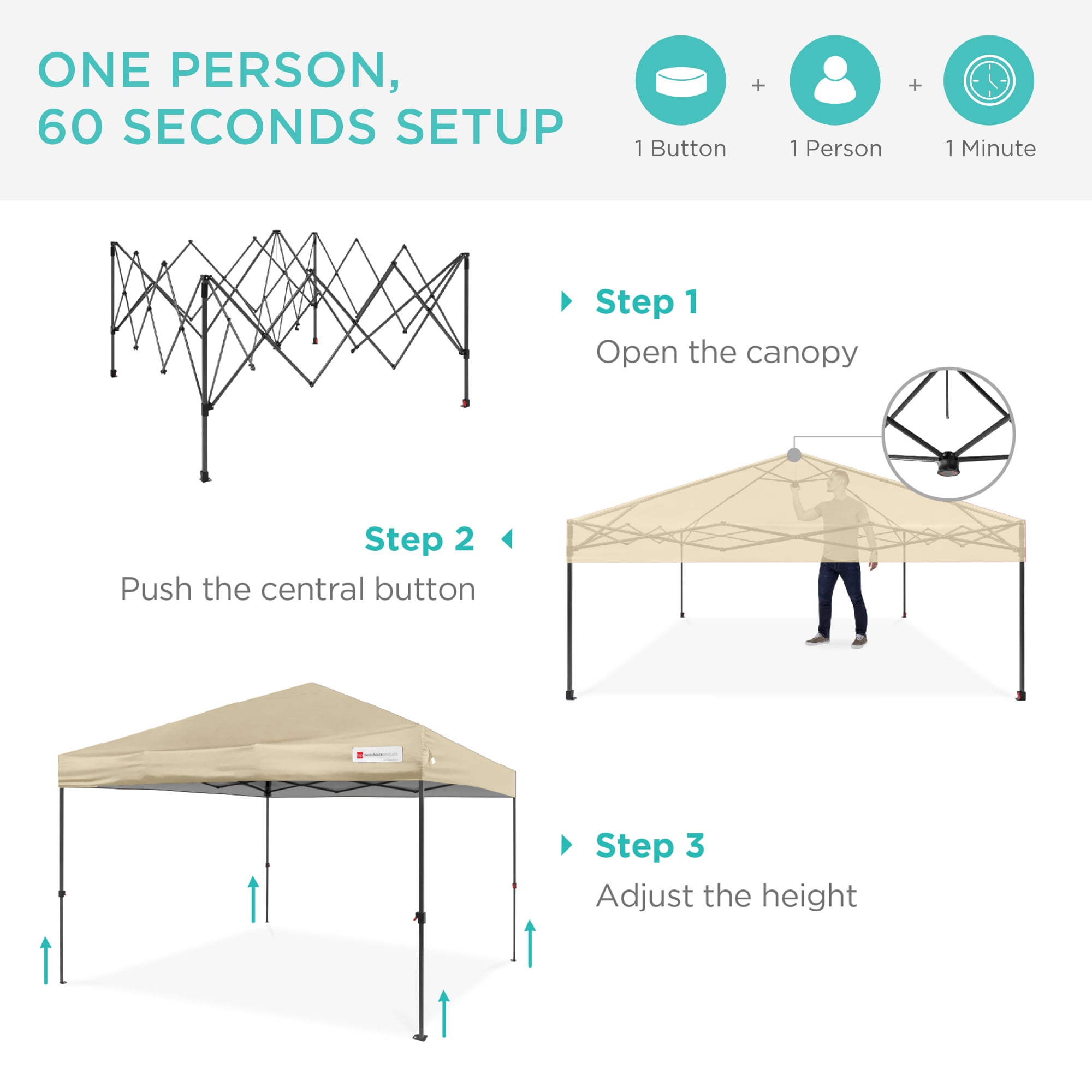 Best Choice Products 10x10ft Easy Setup Pop Up Canopy w/ 1-Button Setup, Wheeled Case, 4 Weight Bags - Sand