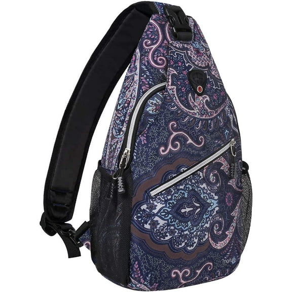 Mosiso Sling Backpack Outdoor Causal Daypacks Pattern Rope Crossbody Shoulder Bag For Travel Hiking, Navy Blue Base Totem Texture