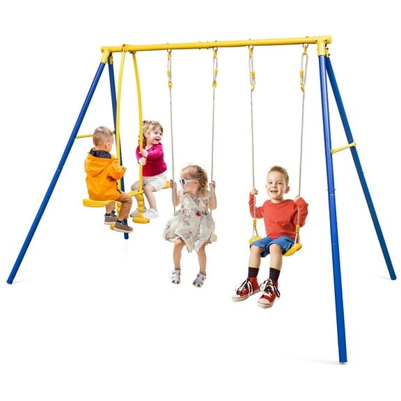 Gymax 3-12 Years A frame Stand Metal HDPE Heavy duty Swing Set, 105'' x 60'' x 77'', Blue / Yellow