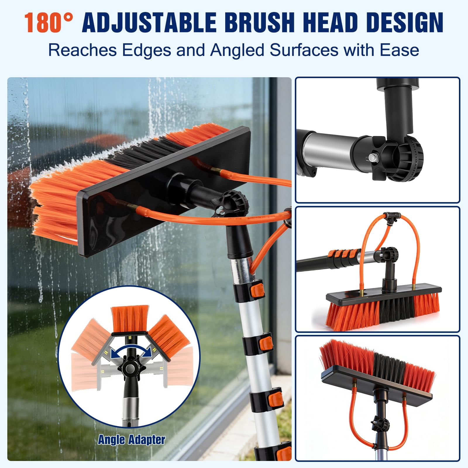 20FT Extendable Cleaning Pole with Adjustable Brush Head & Soap Bottle, Outdoor Cleaning Tool for Windows, Walls, Roofs and Exterior Surfaces