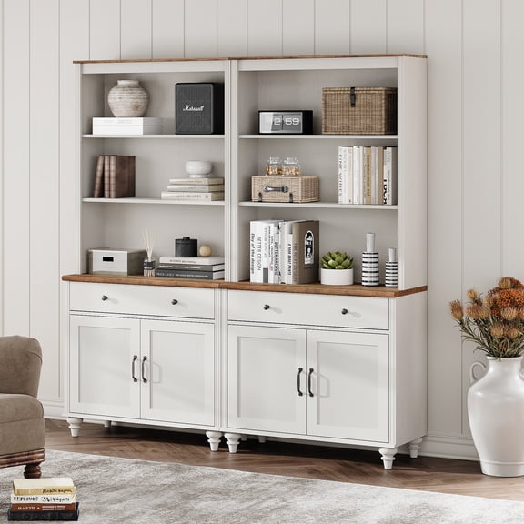 5 Tier Farmhouse Bookcase 72" Tall Bookshelf with Barn Doors, Large Display Book Shelf with 2 Drawers and Storage Cabinet, Library Wood Bookshelves for Living Room,Kitchen, White (2PCS)