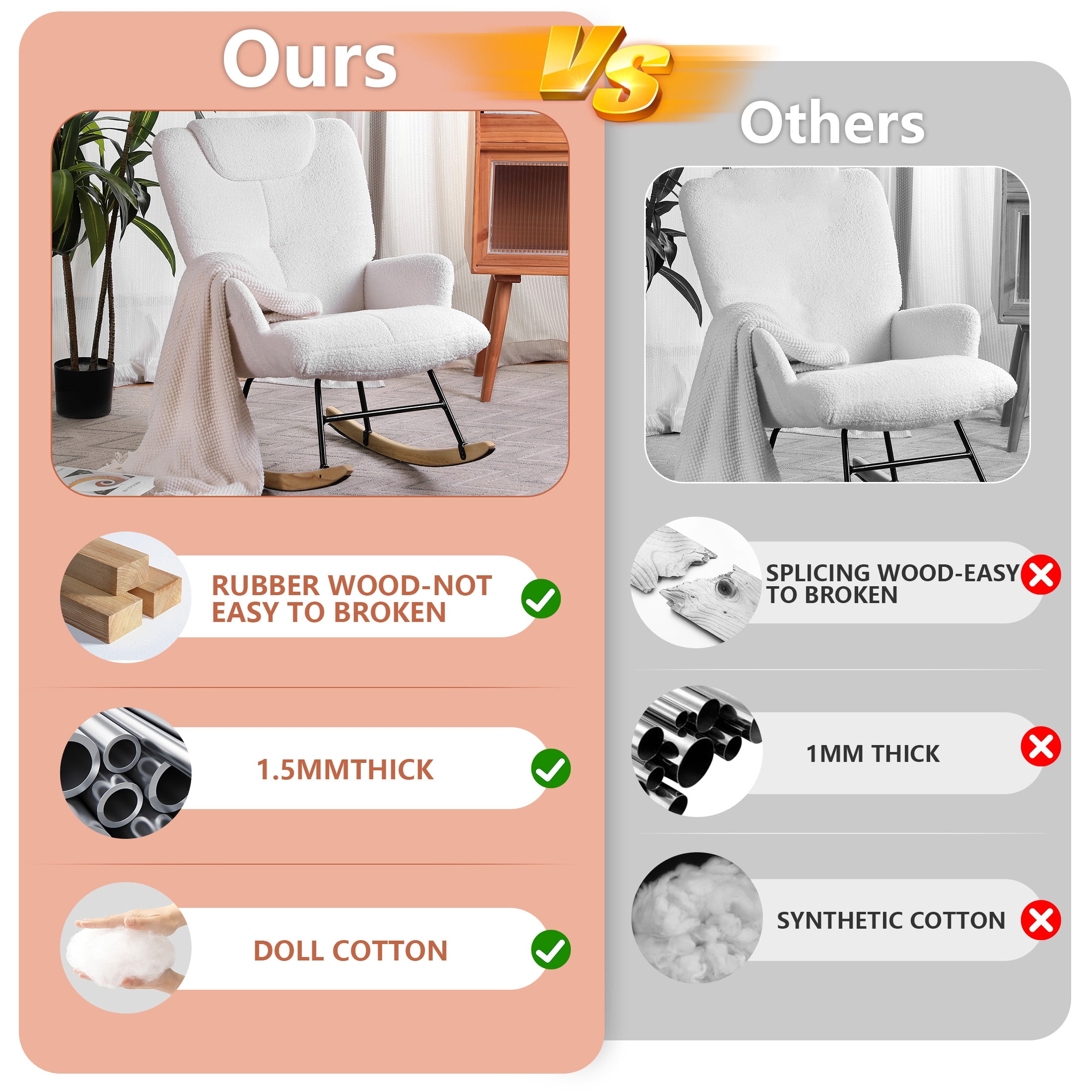 Vipuse Metal Frame Modern Rocking Chair with High Backrest & Padded Seat - Stylish Nursery, Bedroom, and Living Room Accent Chair