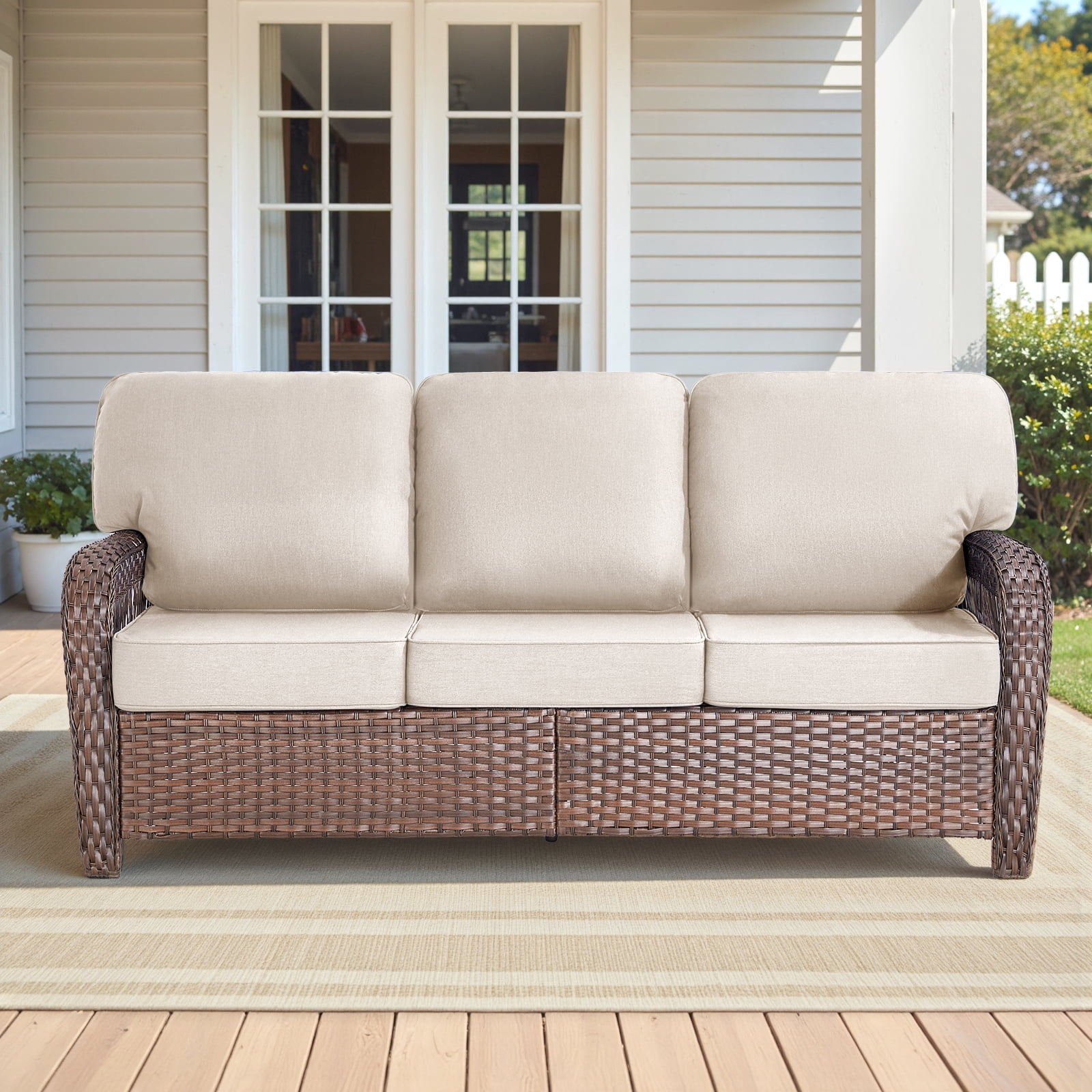 Hommoo 75.2" Outdoor Brown Wicker Patio Sofa with Cushions, Outdoor 2 Seat Patio Furniture Sofa Couch, for Porch or Backyard, Beige