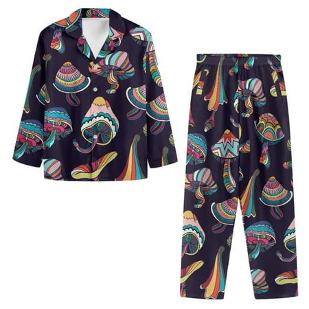 

NETILGEN Psychedelic Aesthetic Mushrooms V-Neck Womens Button Up Gown Pajama Shirt Snug-Fit Button Pajamas for Women Long Sleeve 2PCS Set Button Down Pj Set