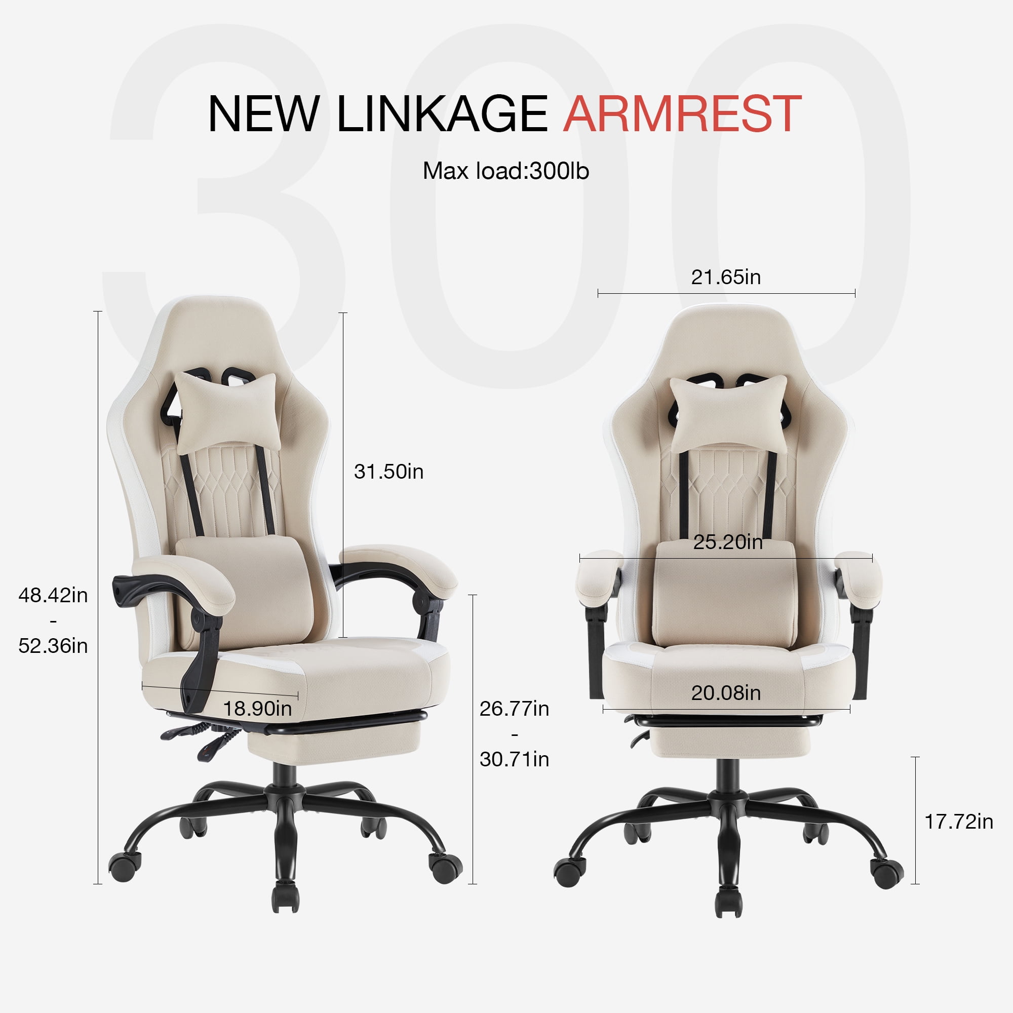 MCQ Computer Gaming Task Chair, High Back Ergonomic with Linkage Armrests, Footrest and Lumbar Support, 360° Swivel Wheels, Khaki