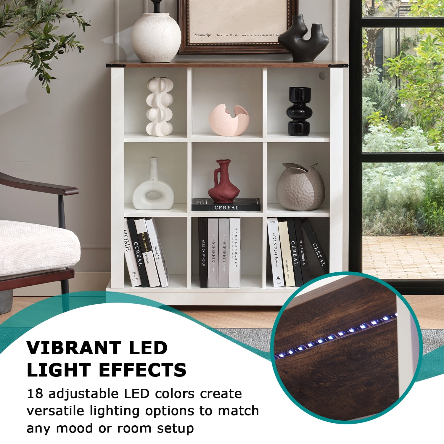9-Cube LED Bookshelf - Mid-Century Modern Wood Storage Shelf for Bedroom, Living Room & Office, White