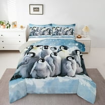 jejeloiu Cute Penguin Full Size Comforter Sets,Wild Animal Bedding Comforter Set,Gray Blue Bedding Sets For Boys Girls,Luxury Bedroom Decor Reversible,3 Pieces