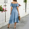 thumbnail image 4 of ClodeEU Women's Off Shoulder Puff Short Sleeve Waist Tie Irregular Midi Dress,Casual Summer Swing Dress Light Blue,Women's Plus M, 4 of 7