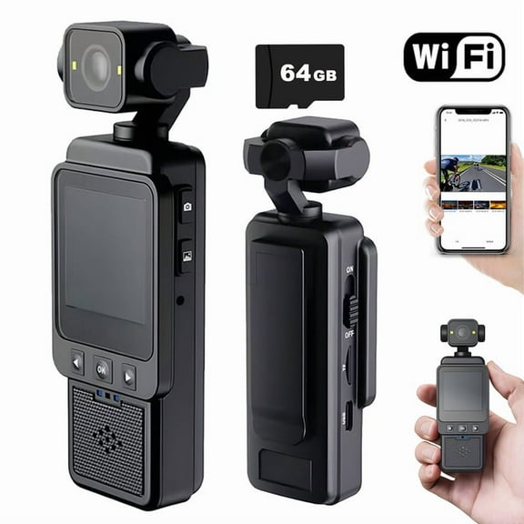 Mini Body Camera, 1080P FHD WiFi Video Camera with Audio and Photograph, Clip Pocket Vlog Camera for Daily Work Serving Records,180° Rotating Head, 120° Wide Angle, Built-in Flash, 64GB Card