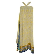 Mogul Women Magic Wrap Skirt Yellow Floral Print  Silk Sari Two Layer Reversible Sarong Dress
