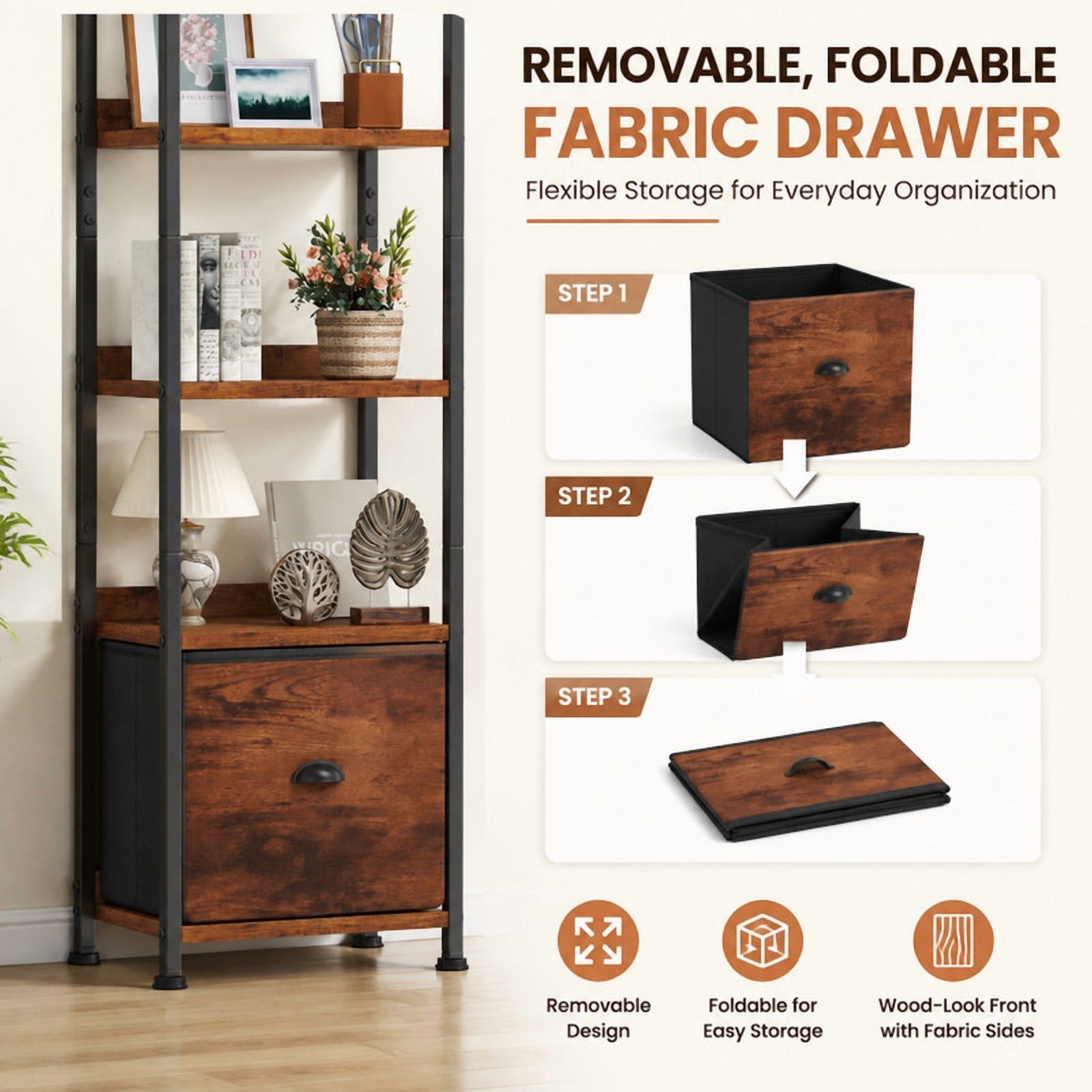 BEAUTYPEAK 5-Tier Bookshelf with Fabric Drawer 55" Tall Narrow Freestanding Display Shelf Metal Frame Bookcase, Rust