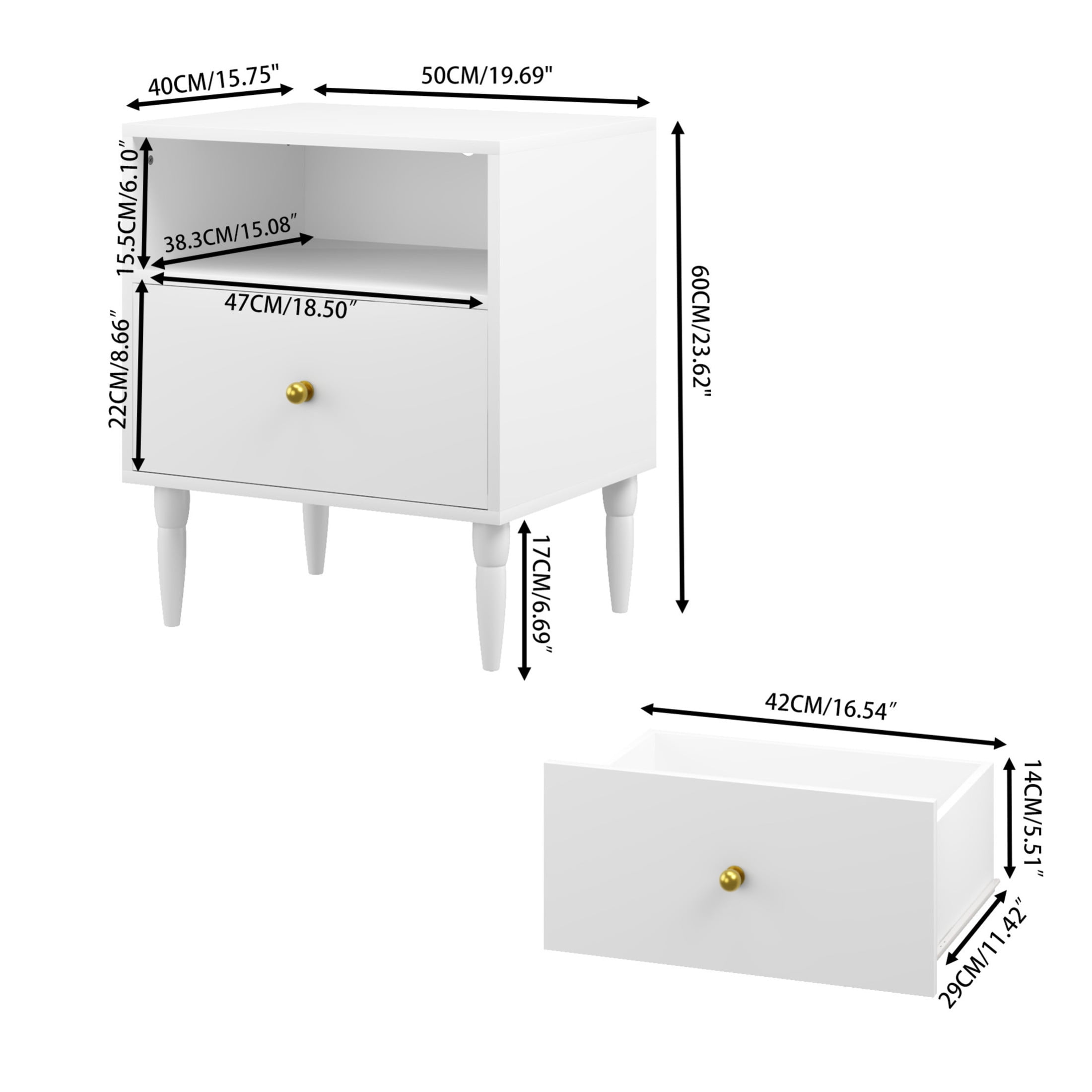 Noble House 20" Nightstand with Drawer and Open Shelf, Modern Bedside Table, Small End Table for Bedroom, White