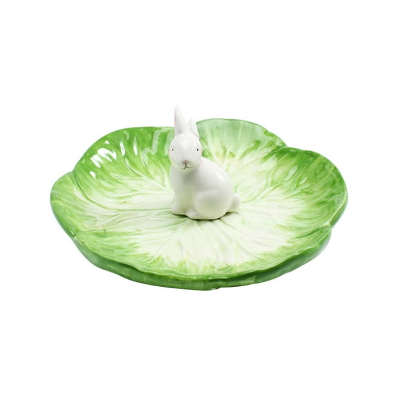 Kids Ceramic Dish Chinese Cabbage Design Dinner Plate Food Platter with Rabbit for Dessert Fruit Salad (Green)