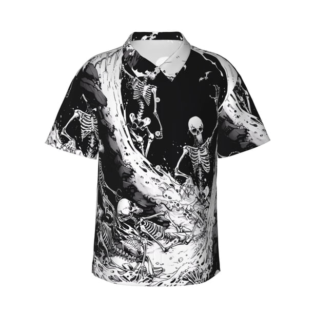 Fotbe Skeleton Wave Artwork Camisa Hawaiana para Hombre Unisex – Camisa Casual de Verano con Botones de Manga Corta de Algodón y Lino,Large