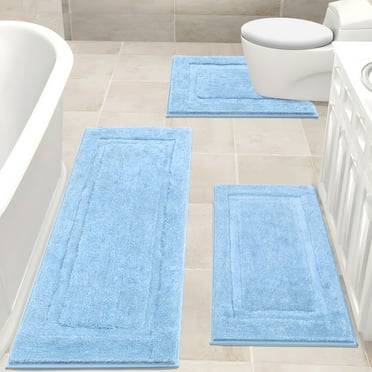 Bathroom Rugs Set 3, Yamaziot Bath Mats, Non Slip Washable Soft Absorbent Shower Blue Runner for Tub Floor with Toilet Mat