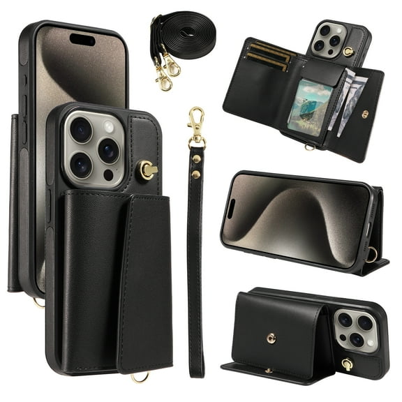 Allytechgroup Wallet Phone Case for iPhone 12 Pro Max, Built-in Shoulder Strap Lanyard Stand RFID Blocking Shockproof Protective Back Cover for iPhone 12 Pro Max, Black