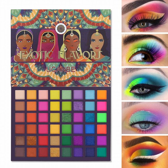 UCANBE EXOTIC FLAVORS Paleta de maquillaje de sombra de ojos neón – 48 colores de alta pigmentación – Rainbow Matte Shimmer Glitter sombra de ojos set de rega