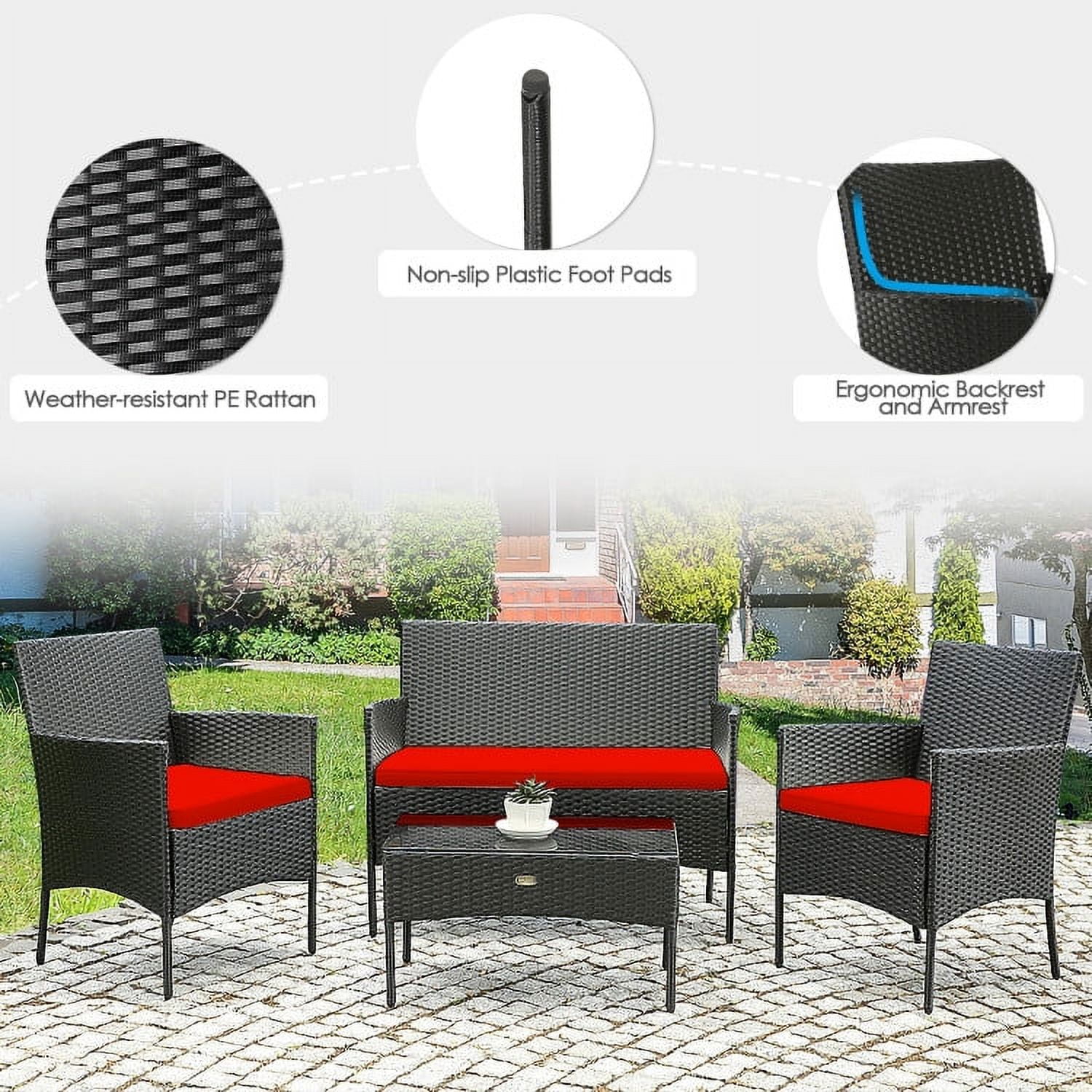 Aimee Lii 4 Pcs Patio Wicker Furniture Set, Cushioned Sofa Furniture, Small Patio Set, Red Aimee Lii 4 Pcs Patio Wicker Furniture Set, Cushioned Sofa Furniture, Small Patio Set, Red