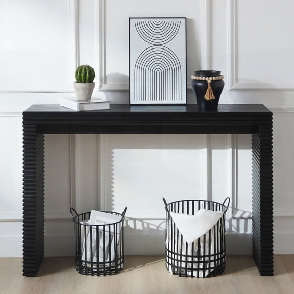 Sleek Black Console Table - 47" W, Ribbed Design for Any Room
