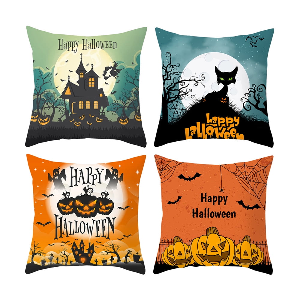 4PCS Halloween Throw Pillow Covers - Halloween Pumpkin Printing Polyester Covers Square 18x18 inch for Sofa Bed Couch