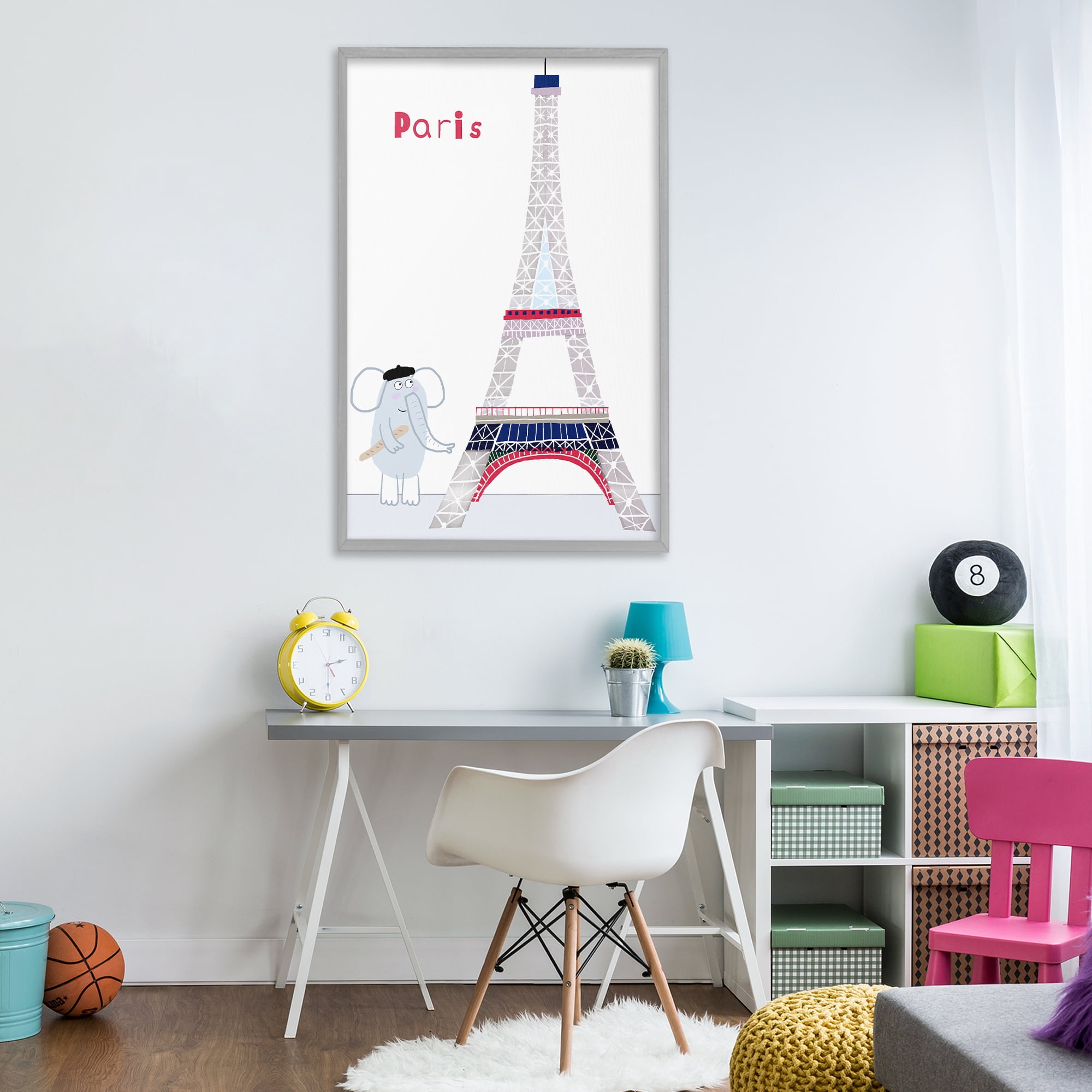 Elephant & Eiffel Tower Gray Framed Giclee Art, design by Carla Daly