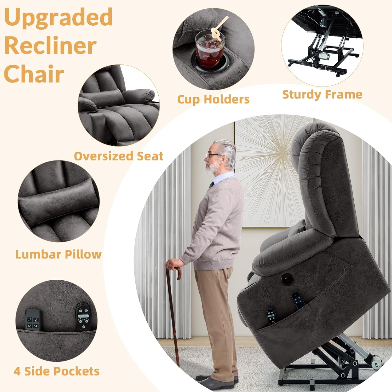 Oversized Dual Motor Power Lift Recliner for Elderly, Extended Footrest, Large Infinite Position Lay Flat Chair for Living Room with Massage & Heat, Lumbar Pillow, USB & Type-C Ports, Gray