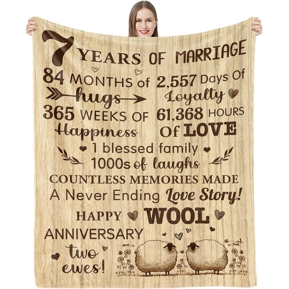 Cute Happy Wool Wedding Anniversary Blanket, 7 Years Of Marriage Gift Idea, Happy 7th Wedding Anniversary Him Her, 30x40in Fleece Blanket