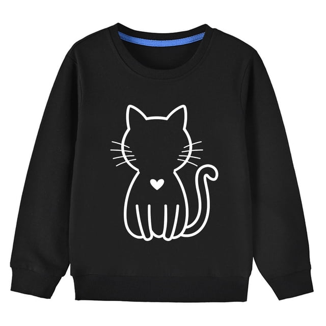 Chandail en Molleton à Col Rond pour Filles, Manches Longues Décontractées pour Enfants en Bas Âge, Pull en Coton à Imprimé Graphique, Chemises d'Hiver Noires 7-8T