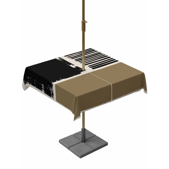 Outdoor Tablecloth with Umbrella Hole and Zipper, Brown Black Square Table Cloth 54x54 Inch Waterproof Tablecloth, Farmhouse Striped Modern Abstract Art Picnic Table Cover for Patio Camping