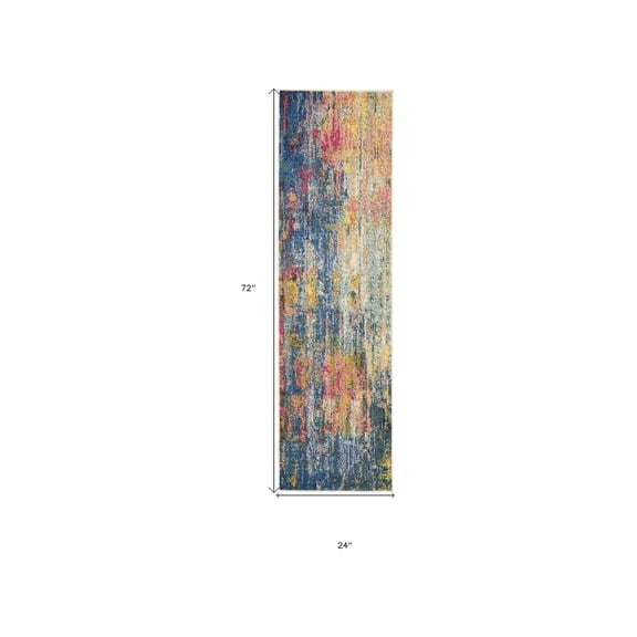 HomeRoots 480175 2 x 6 ft. Blue & Yellow Abstract Power Loom Non Skid Rectangle Area Rug